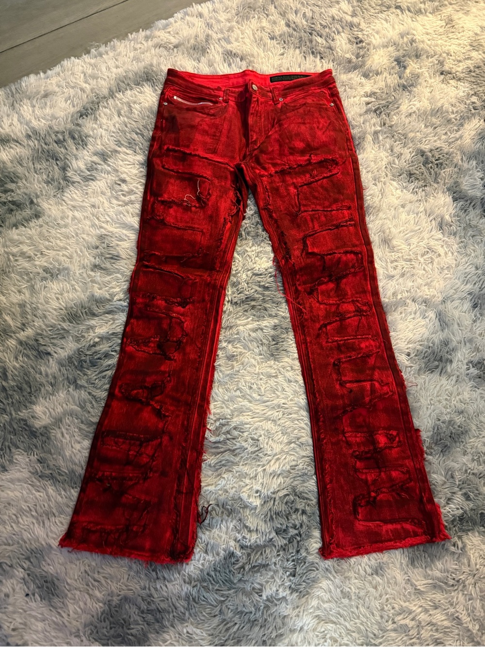 Men's Red Distressed Skinny Stacked Jeans